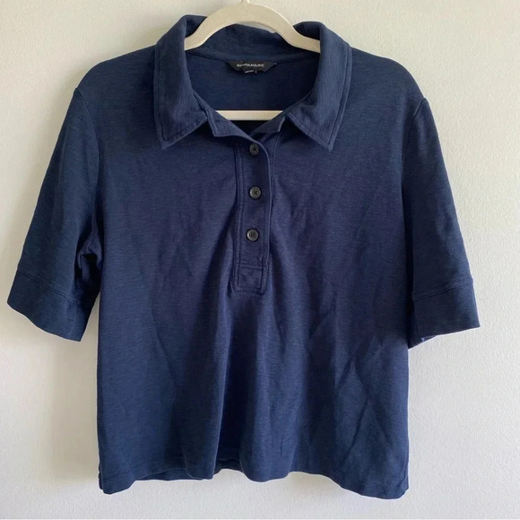 BANANA Republic Heathered Navy Blue Cropped Short Sleeve Polo Preppy T-Shirt L - Picture 2 of 9